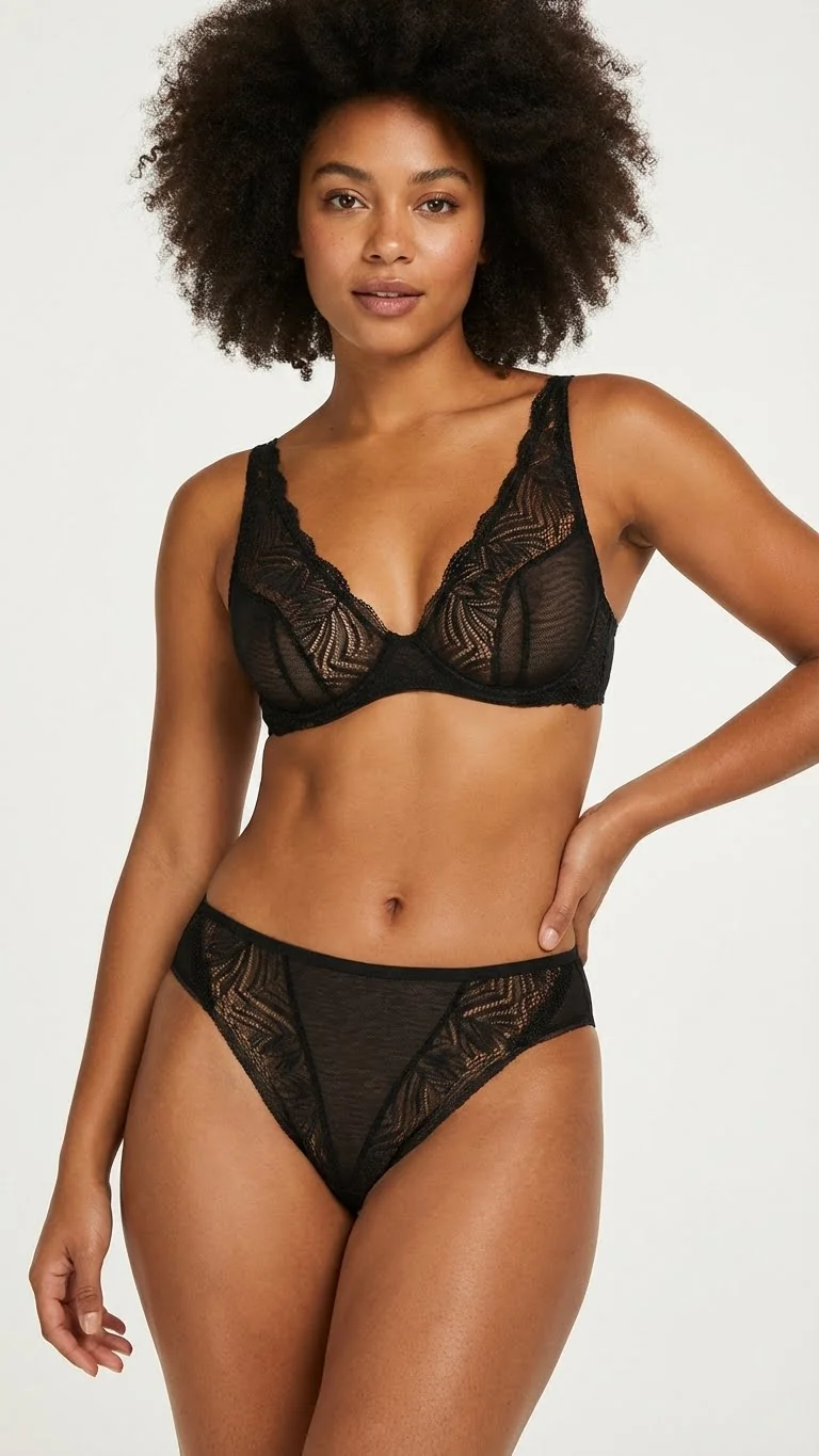 Orta Bikini Külot Tül Yan Bant Şeffaf İç Çamaşırı Model Siyah - Ön Görünüm - LunaIntim